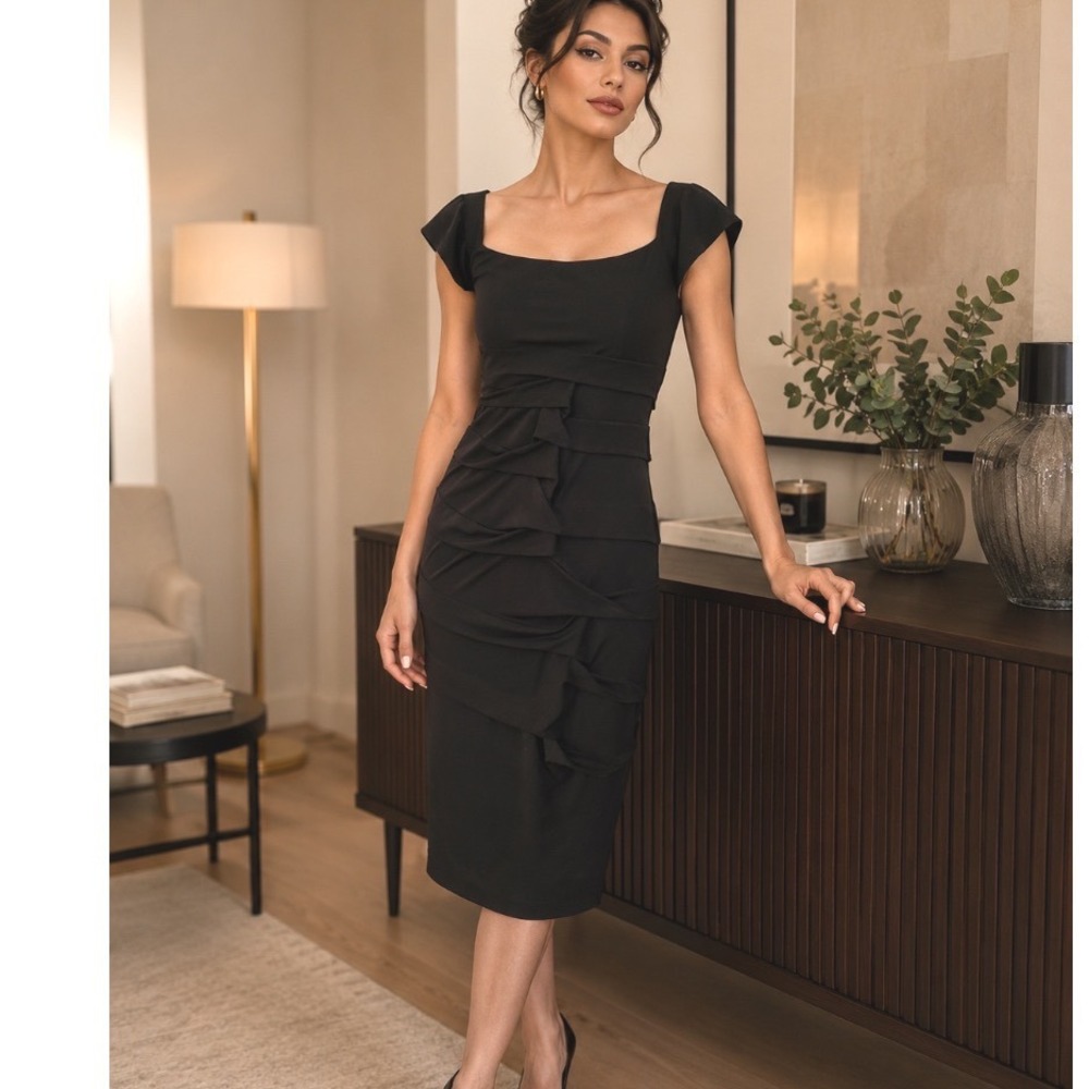 Nicole Miller black dress Ruffle Front Cap Sleeve Cocktail Sheath Sz S